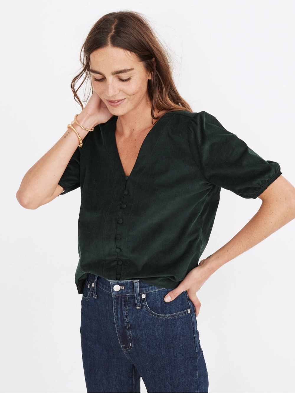 Madewell Corduroy Puff-Sleeve Button-Front Top